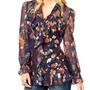 Rachel Zoe blue silk blouse with gold metallic accents